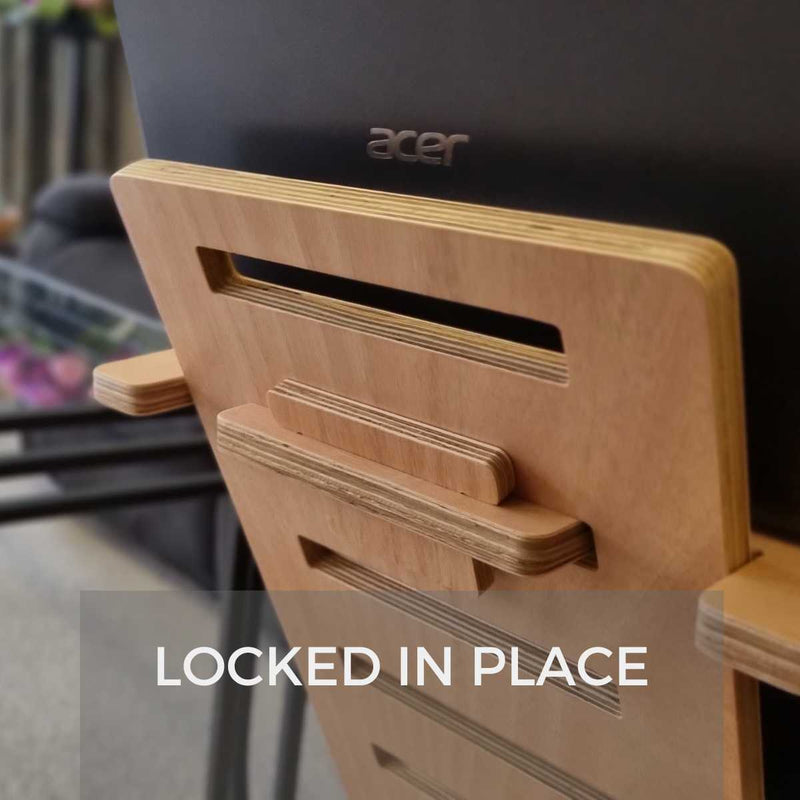 Laptop Stands back, showing how the shelf locks in and a close-up of the wood finish